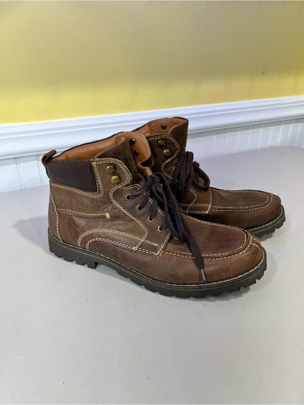 Men's Brown Leather Lace-Up Casual Work Boots